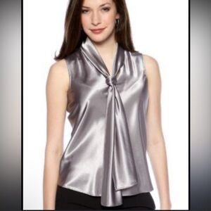 Evan Picone Silver Gray Sateen Tie-Neck Blouse Holiday Workwear Christmas Chic